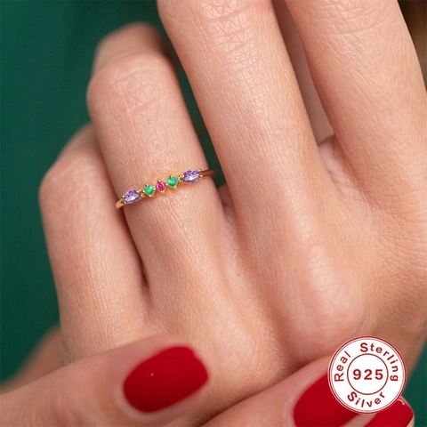 Luxury 925 Sterling Silver Geometric Ring Real Gold Plated Colorful Zirconia Five Stone Row Minimalist Finger Ring Women Party Jewelry