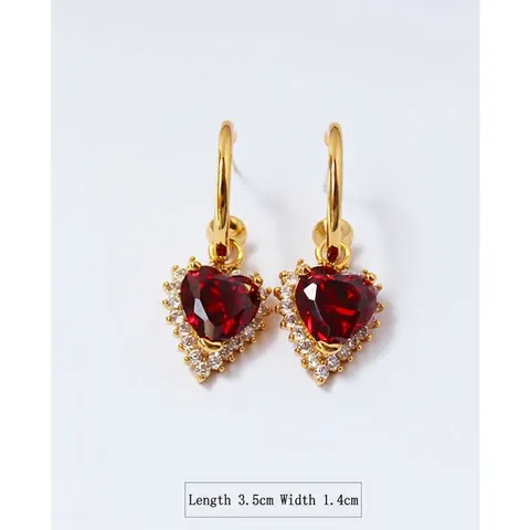 Orecchini a Cuore Rosso in Stile Vintage Francese Con Perno in Argento Sterling 925 Ottone Placcato Oro Zirconia Gioielli Donna