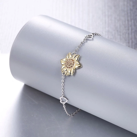 Sunflower 925 Sterling Silver Bracelet With Heart Charms Yellow Zircon Dainty Floral Jewelry For Women