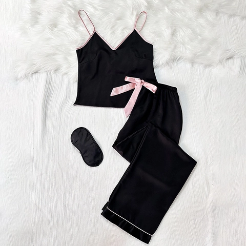 Women Imitation Satin Pajamas Spaghetti Strap V-Neck Top And Long Pants With Bow Contrast Trim Eye Mask Loungewear