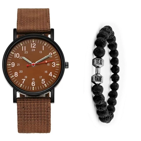 Orologio Al Quarzo Da Uomo Stile Militare Display 24 Ore Cinturino In Nylon Bracciale In Pietra Lavica Manubrio Fitness