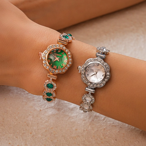 Orologio Al Quarzo Da Donna Gioielli Bracciale Lega Strass Cassa Fiore Quadrante Rotondo Regolabile Coulisse Moda Da Polso