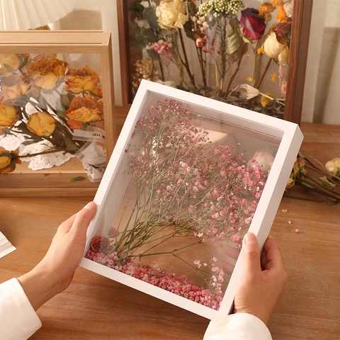 Wooden Shadow Box Frame Double Sided Glass Hollow DIY Specimen Display Case For Dried Flower Preserved Rose Desktop Decor