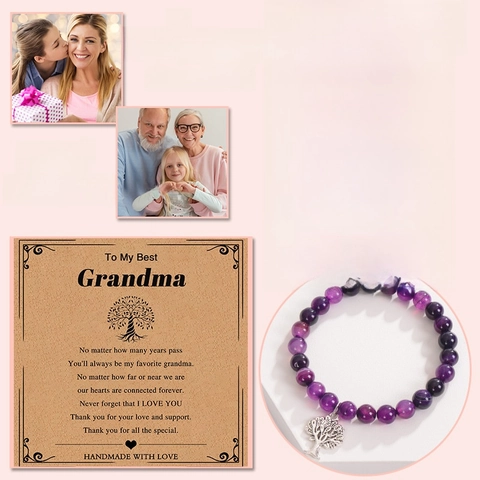Natural Stone Tree Of Life Beaded Bracelets Handmade Alloy Pendant For Grandma Nana Women And Gift Card