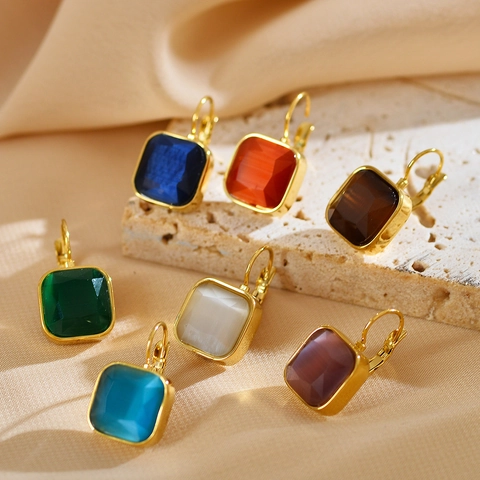 Vierkante Kattenoog Steen Leverback Oorbellen Roestvrij Staal Vintage Kleurrijk Hangende Sieraden Voor Vrouwen Elegant