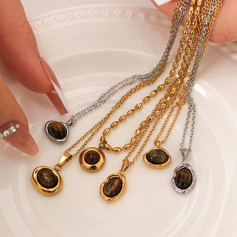 Vintage Stainless Steel Necklace With Tiger Eye Stone Pendant Gold Plated Geometric Clavicle Chain For Women