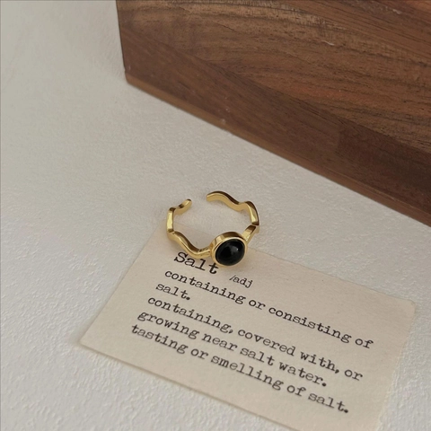 Anello In Argento Sterling 925 Con Agata Nera Rotonda Design A Onda Minimalista Anello Aperto Regolabile Per Donna