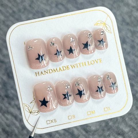 Unghie Finte Press On Fatte A Mano Rosa Nude Cat Eye Stile Francese Con Stelle E Strass Corte Quadrate Arrotondate Donna