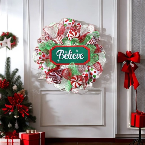 Weihnachts Kranz Believe Schild Rot Grün Weiß Mesh Band Tür Wand Dekoration Festliches Feiertags Party Ornament