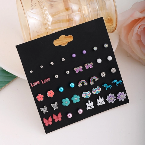 Unicorn Butterfly Bow Rainbow Stud Earrings With Stainless Steel Earring Post Alloy Enamel Rhinestone Cute Kids Jewelry