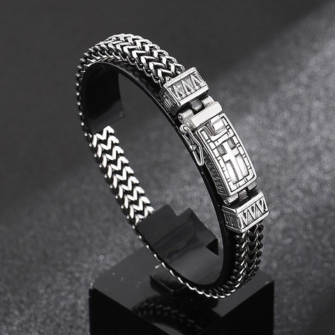 Bracciale Uomo Acciaio Inossidabile Croce Vintage Catena Intrecciata Numeri Romani Chiusura Scatola Punk Streetwear Gioielli