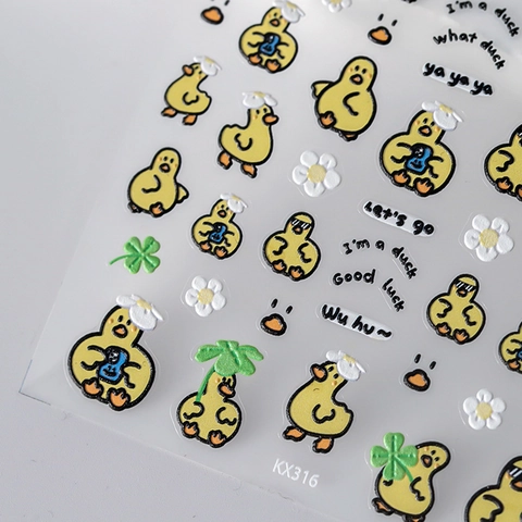 3D Embossed Nail Art Stickers PET Cartoon Yellow Duck Flower Clover Design DIY Manicure Decoration Cute For Women