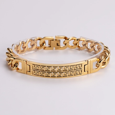 Bracciale Maglia Cubana Acciaio Inossidabile 316L Motivo Greco Piastra Curva Gioielli Hip Hop Street Style Regalo Per Uomo