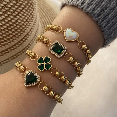 Emerald Green Heart Square Clover Stainless Steel Bracelet For Women Adjustable Fashion Elegant Jewelry