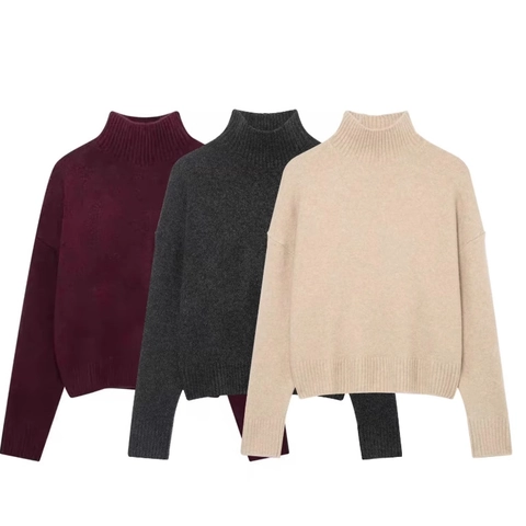 Damen Strickpullover Stehkragen Langarm Weich Acryl Mischung Drop Shoulder Rippstrick Locker Lässig Top Jumper