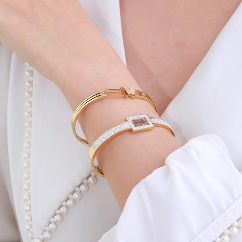 Brazalete de Moda de Acero Inoxidable para Mujer Chapado en Oro Strass Mariposa Corazón Números Romanos Joyería de Lujo
