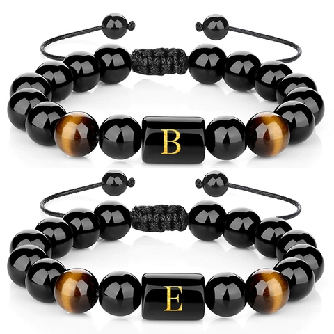 Natural Agate Tiger Eye Stone Beaded Bracelet Handmade Adjustable Braided Rope Initial Letter Jewelry For Men Women