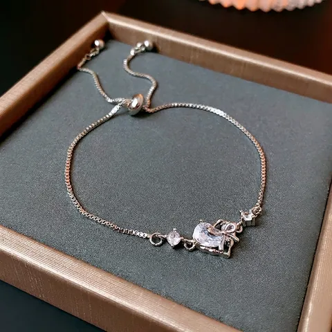 Heart Bow Adjustable Slider Bracelet Zircon Copper Silver Tone Dainty Fashion Jewelry For Women Elegant Jewelry
