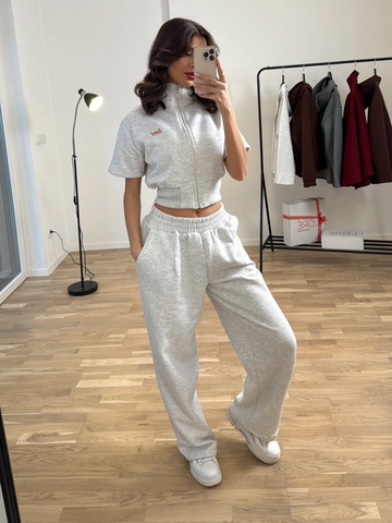 Short Sleeve Zip Up Sweatshirt And High Waist Wide Leg Pants Cotton Knit Lounge Sporty Outfit Solid Grey Women