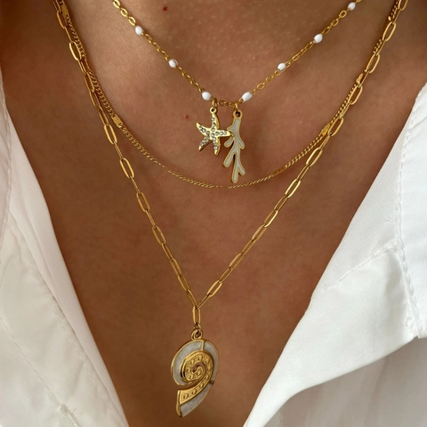 Stainless Steel Seashell Starfish Pendant Necklace Gold Plated Enamel Artificial Pearl Rhinestone Ocean Jewelry For Women
