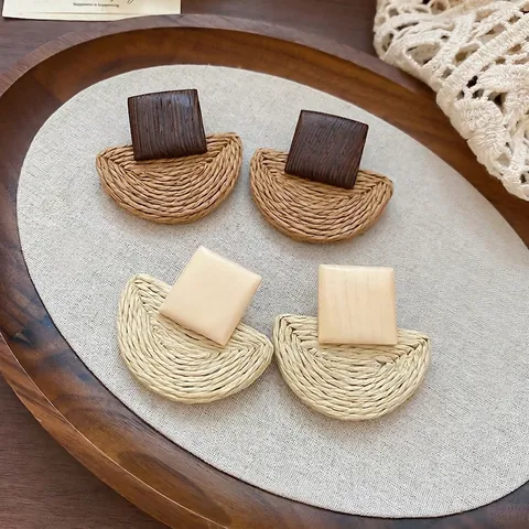 Bohemian Wood Raffia Drop Earrings Geometric Square Semicircle Braided Vacation Jewelry For Women With Silver Earring Post