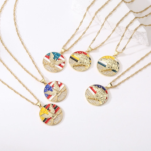 Collier Pendentif Rond Drapeau Américain Aigle Royal Cuivre Plaqué Or Zircon Émail Bijoux Patriotiques Rétro Cadeau