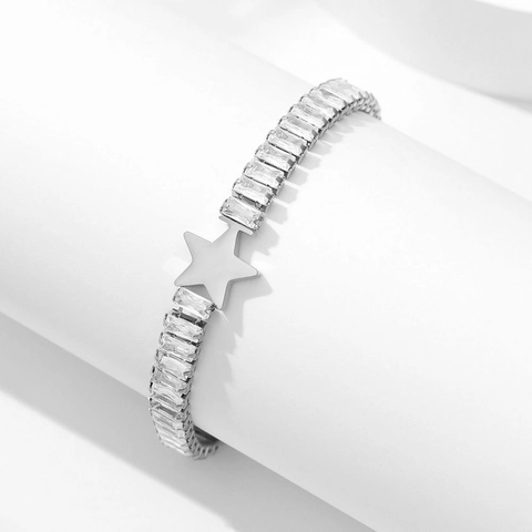 Stainless Steel Star Charm Bracelet Rectangle Rhinestone Inlaid Fashion Adjustable Link Bracelet For Women Jewelry Gift