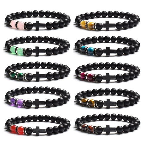 Natural Tiger Eye Matte Stone Beaded Bracelet With Cross Pendant Retro Religious Punk Unisex Jewelry Accessory