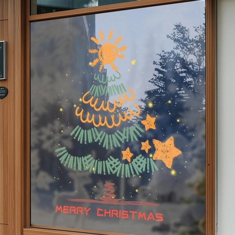 Christmas Tree Window Sticker Static PVC Decal Merry Christmas Hand Drawn Art Style Glass Decoration Shop Festive Home