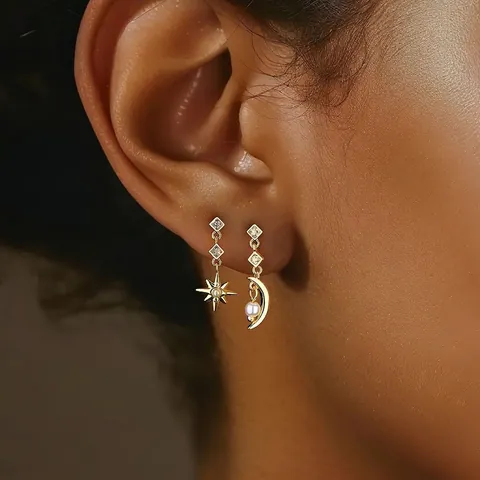 925 Sterling Silver Star Moon Tassel Stud Earrings For Women French Light Luxury Zirconia Artificial Pearl Gold Earrings