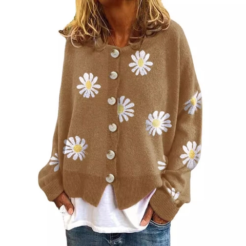 Women Knit Cardigan Sweater Daisy Floral Embroidery Acrylic Nylon PBT Blend Button Down Long Sleeve Casual Vintage Outerwear