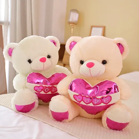 Soft Teddy Bear Plush Toy With Metallic Pink Heart Love Embroidery Decorative Stuffed Animal For Birthday Valentine Gift