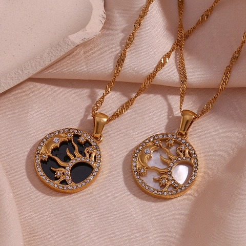 Sonne Mond Stern Anhänger Halskette 18K Vergoldet 316L Edelstahl Muschel Zirkon Himmlischer Schmuck Für Damen