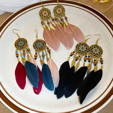 Boucles D'oreilles Plumes Bohème Vintage Ethnique Alliage Frange Perle En Bois Bijoux Pour Femmes