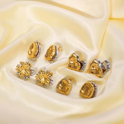 Stainless Steel Earrings For Women 18K Gold Plated Irregular Geometric Heart Flower Trendy Two Tone Studs