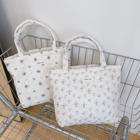 Französisch Pastoral Floral Gesteppte Baumwolle Handtasche Kleine Tote Bag Offen Täglich Lässig Pouch