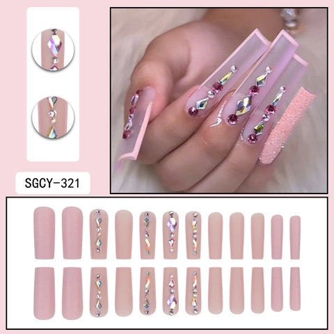 Press On Nails Roze Mat Lange Doodskistvorm Kunstnagels Met Steentjes Glitter Franse Stijl Kunstmatige Nagels Voor Vrouwen