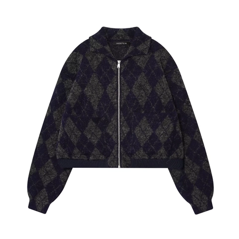 Giacca Bomber In Maglia A Rombi Da Donna Morbida Con Cerniera Colletto A Revers Allentata Casual Cappotto Vintage