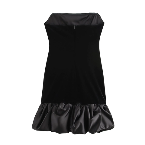 Sexy Fluweel Satijn Patchwork Tube Top Mini Jurk Mouwloos Strapless Ruches Zoom Slanke Pasvorm Avondfeest Jurk Voor Vrouwen