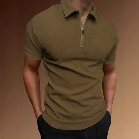 Heren Polo Shirt Halve Rits Korte Mouwen Wafelbreisel Getextureerd Casual Sportief Slim Fit Top Effen Kleur