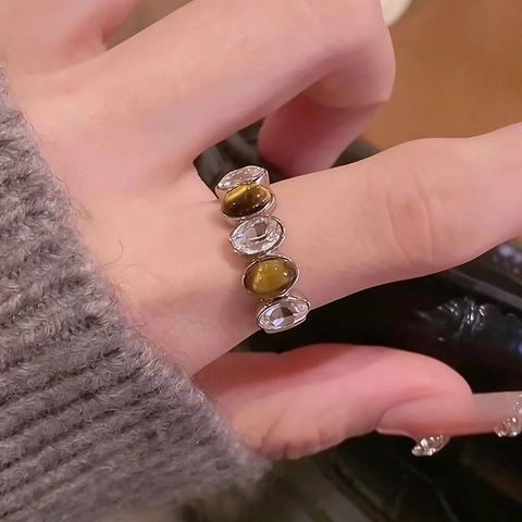 Tigerauge Und Zirkon Kupfer Bandring Für Damen Abwechselnd Ovale Steine Retro Einfach Täglich Accessoires