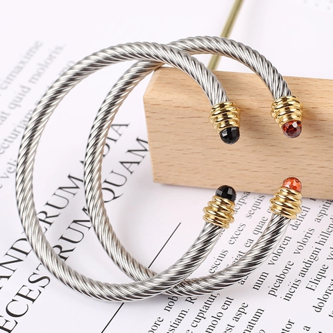Gedrehtes Kabel Armreif Edelstahl Zweifarbig Facettierter Kristall Offen Verstellbar Modeschmuck Damen
