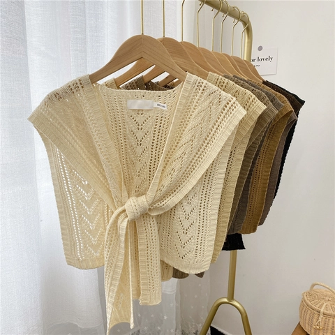 Scialle in Maglia Traforata da Donna con Nodo Frontale Minimalista Coprispalle all'Uncinetto per Abiti Camicie Estate Autunno