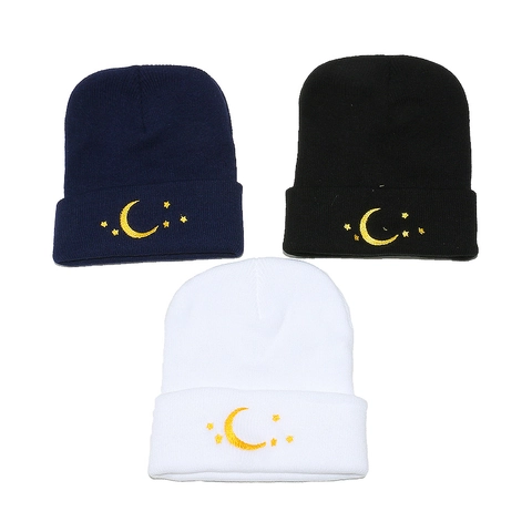 Berretto Maglia Acrilico Ricamo Stella Luna Risvolto Caldo Berretto Invernale Donna Uomo Casual Tendenza Copricapo