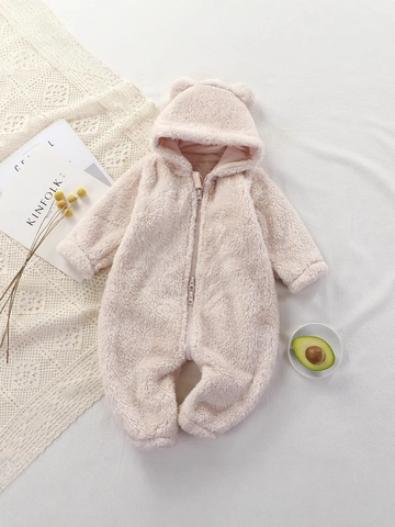 Baby Fleece Romper Kapuzen Bärenohren Flanell Winter Warm Onesie Reißverschluss Jumpsuit Für Neugeborene Kleinkinder