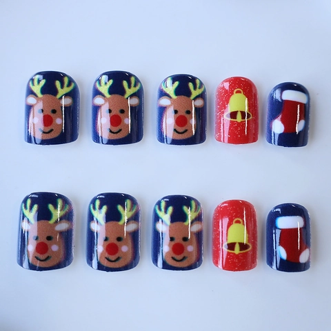 Christmas Press On Nails Short Square Reindeer Bell Design Glossy ABS False Nails Winter Holiday Manicure For Women