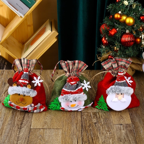 Christmas Gift Bag Felt Fabric Drawstring Candy Pouch Cartoon Santa Snowman Reindeer Holiday Party Decor