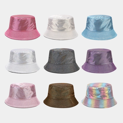 Mode Glänzend Metallisch PU Leder Anglerhut Beidseitig Tragbar Laser Pailletten Sonnenhut Für Damen Herren Outdoor Lässig Regenbogen Fischerhut