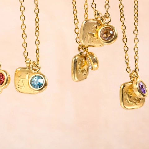 Vintage Stainless Steel Twelve Zodiac Birthstone Pendant Necklace 18K Gold Plated For Women Men Jewelry Birthday Gift