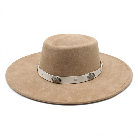Cappello Fedora Unisex Tesa Larga Corona Piatta Finta Pelle Scamosciata Fascia Etnica Borchie Metalliche